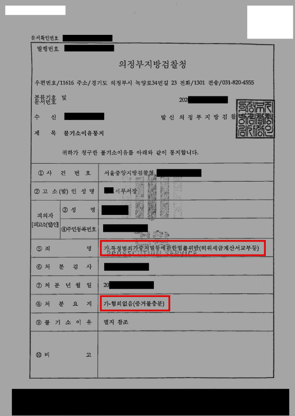 대출 빌미로 명의도용당해 70억 원대 세금계산서 발급 혐의 입건 선처 사례 결정문